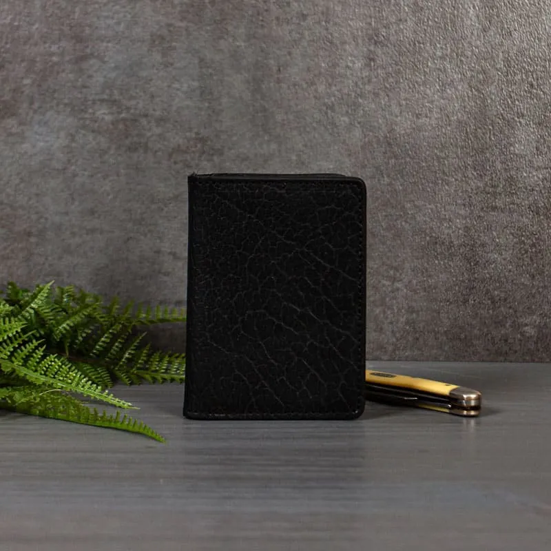 Black bison leather credit card wallet for men or women.