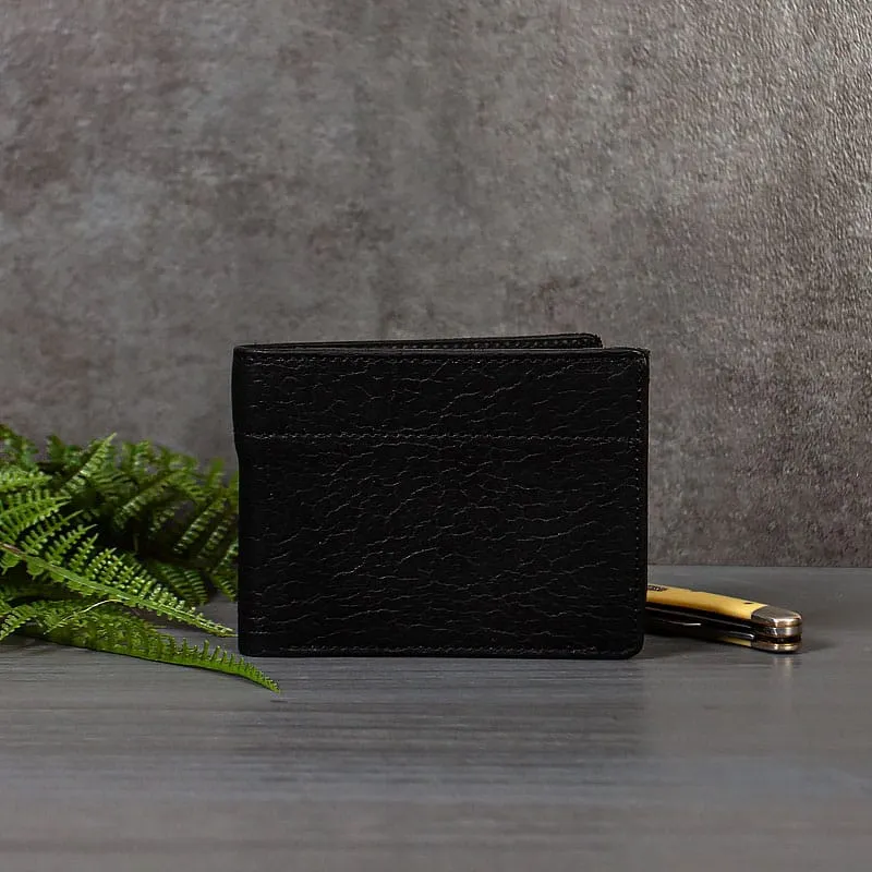 Black leather wallet with ID window for men.