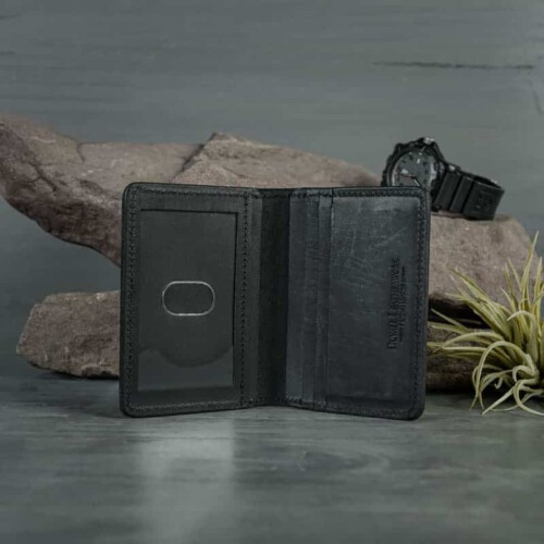 Black leather wallet with lots of pockets for cards