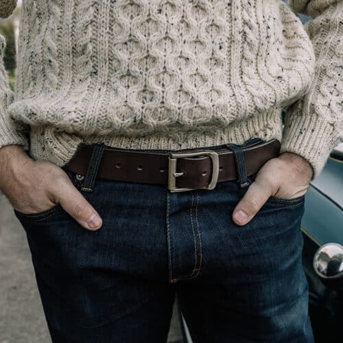 Dark Brown Leather Belt with Antique Nickel Buckle for Men