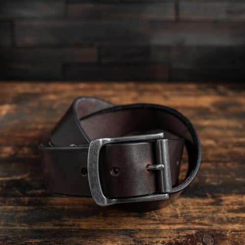 Dark Brown Leather Belt with an Antique Nickel Belt Buckle for Men