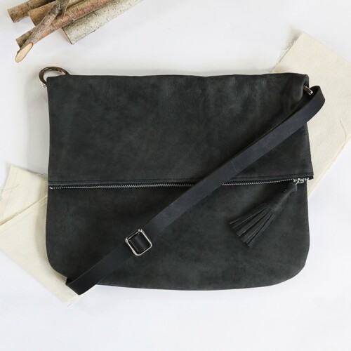 Black Cross Body Flop Over Bag Made with Premium Leather By Duvall Leatherwork