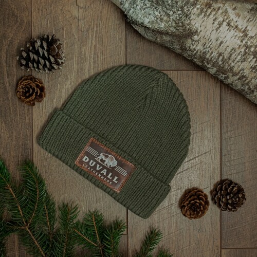 Knit cuffed beanie hat for men or women green with leather patch