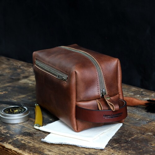 Red brown leather dopp kit for men