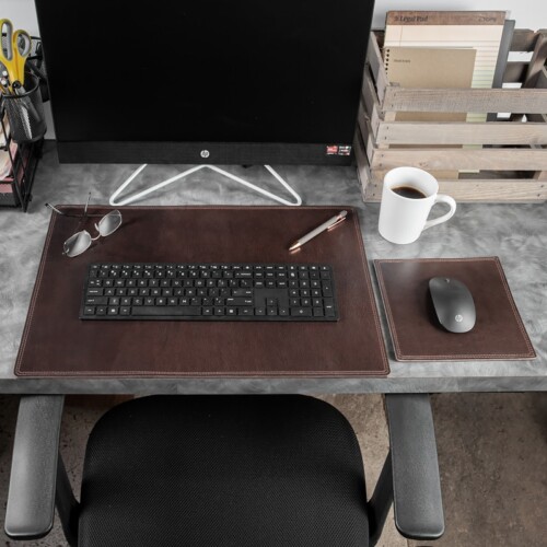 genuine brown leaher desk and mouse pad
