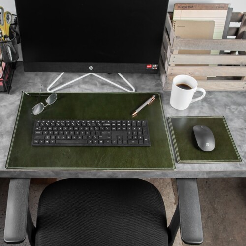 Green leather desk and mouse pad made by Duvall Leatherwork