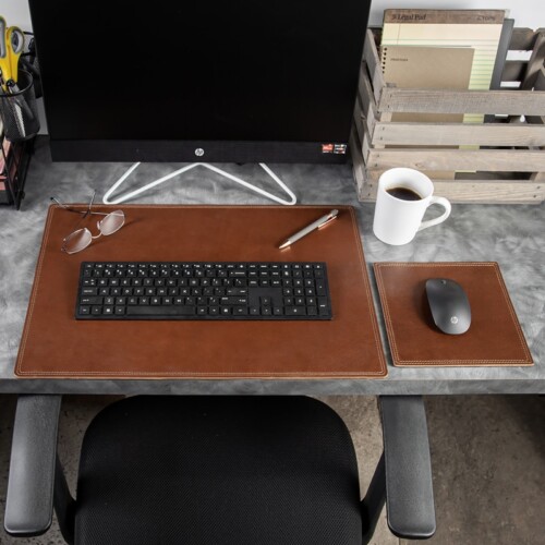 Light brown desk and mouse pad made in USA