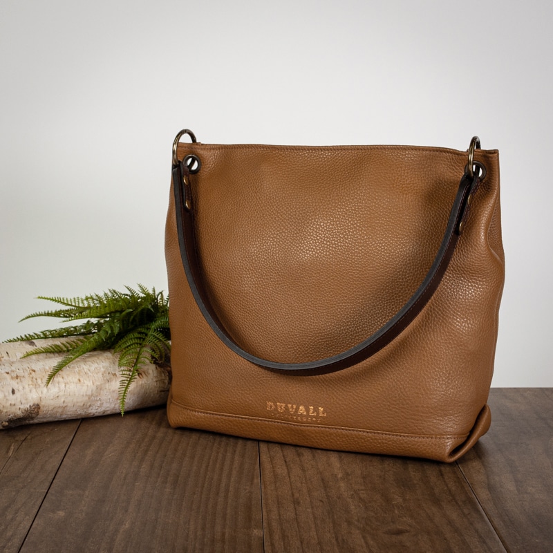 Real light brown leather slouch bag with dark brown handle