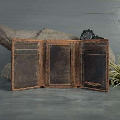 Open view of trifold men's wallet made with bison leather