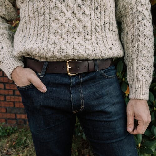 Brown Leather Rugged Belt with Brass Buckle, Perfect Christmas Gift for Him