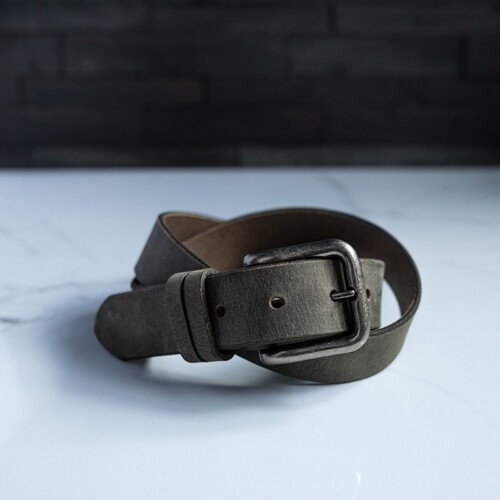 Men's gray leather dress belt made in the USA by Duvall Leatherwork