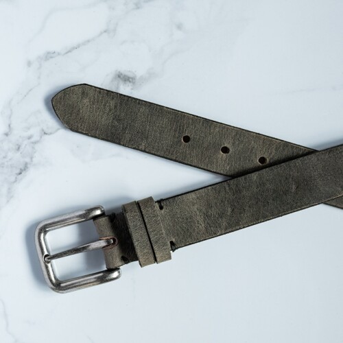 Gray leather dress belt for men or women.