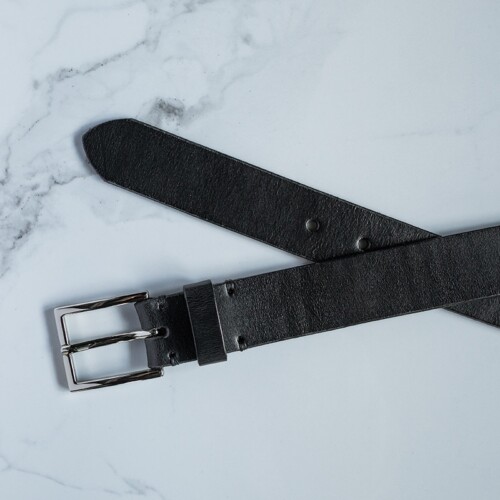 Mens black dress belt with shiny silver buckle made in the USA.