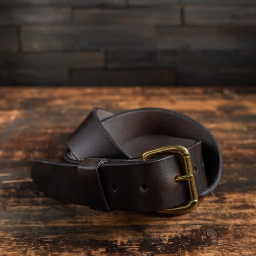 Dark Brown Leather Belt for Men with Brass Roller Buckle