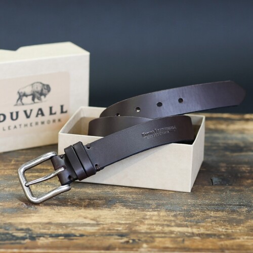 Men's Dark Brown Leather Belt handcrafted in Pennsylvania shown here with a double standing loop and heavy steel buckle
