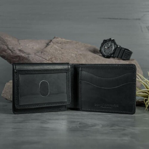 Handmade black leather bifold wallet