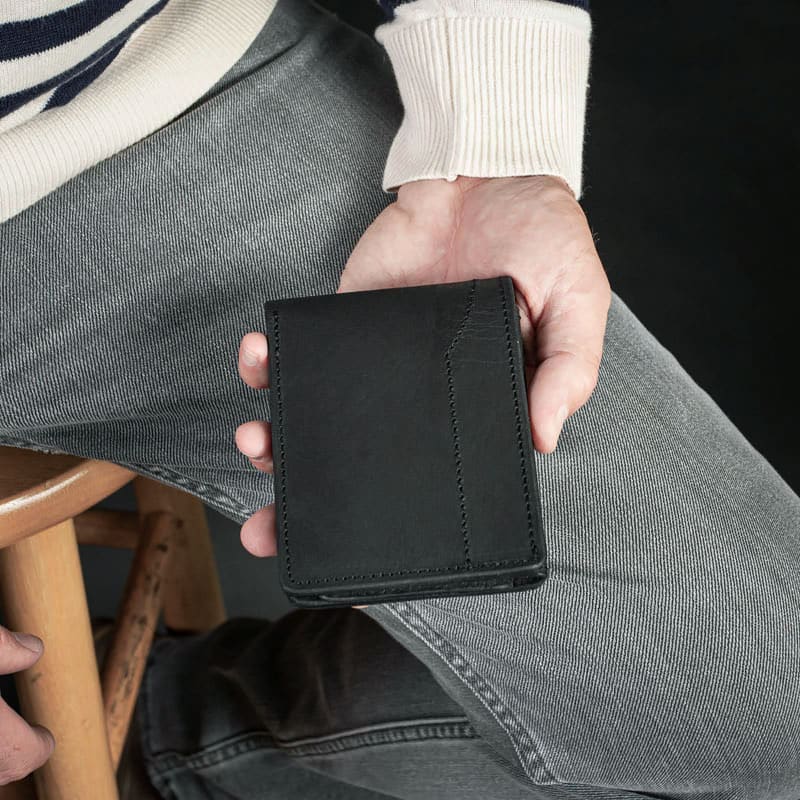 Mens Leather Bifold Wallet with ID Window - Handmade Leather Goods Duna Red Wine Leather