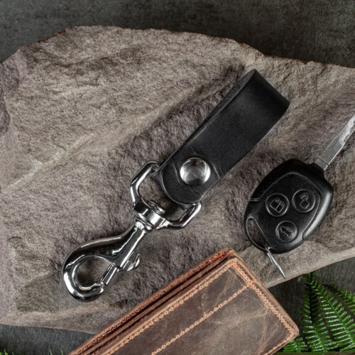black with silver hardware leather key fob with snap