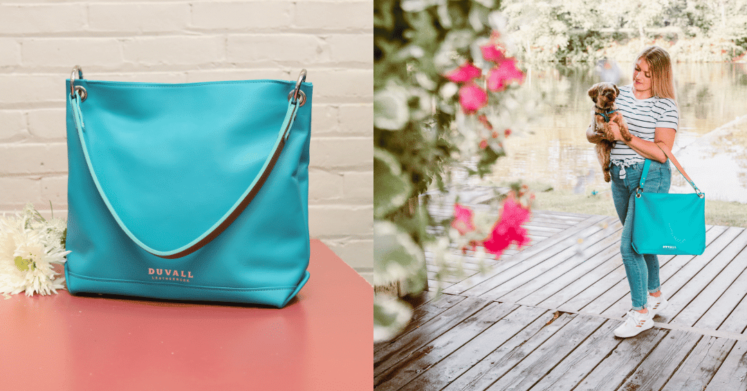 split image of turquoise slouch bag on display in a cafe and a model holding a dog and the slouch purse on a lake dock
