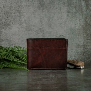 Dark brown bison leather bifold wallet for men made in the USA