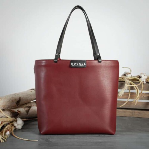 women's large smooth red leather tote bag made by Duvall Leatherwork