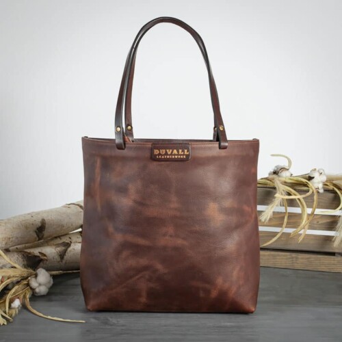Genuine cowhide red brown leather tote bag
