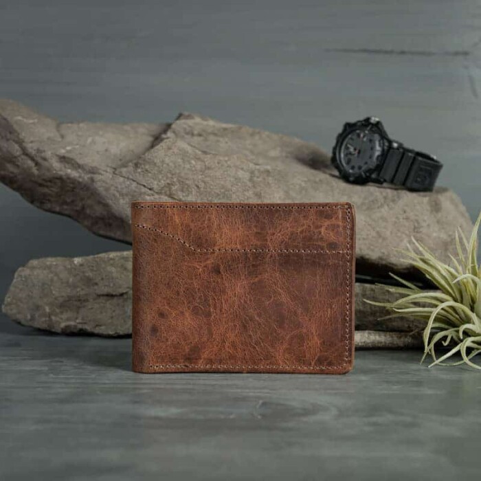 Men's bifold wallet with ID window made from bison leather