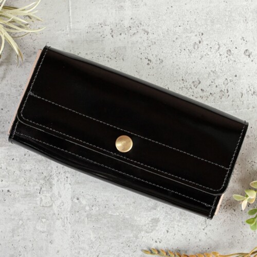 Women's large black patent leather wallet made by Duvall Leatherwork