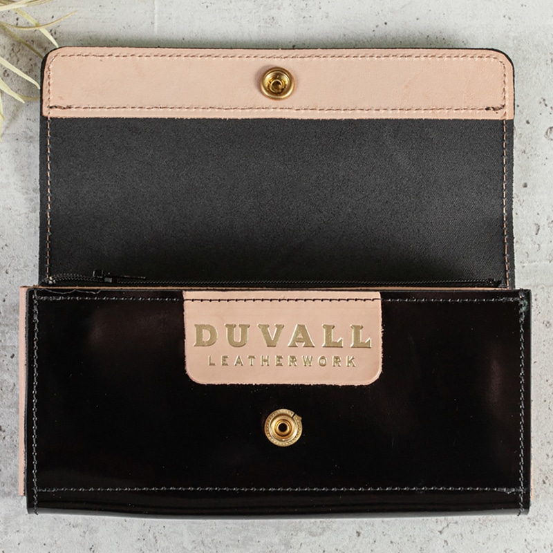 Large black patent leather women's wallet