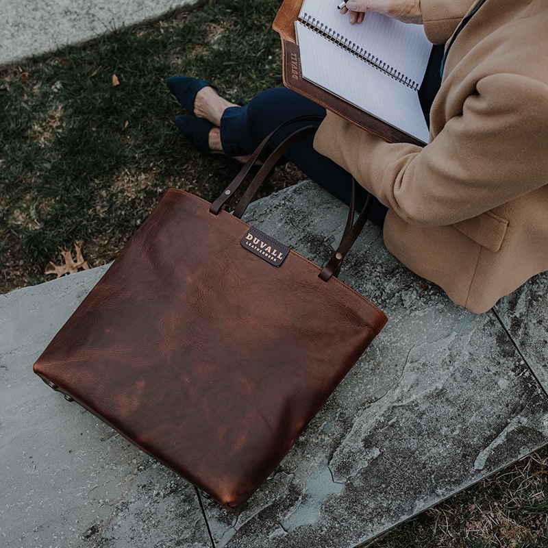 Large red brown tote bag that can hold large journal