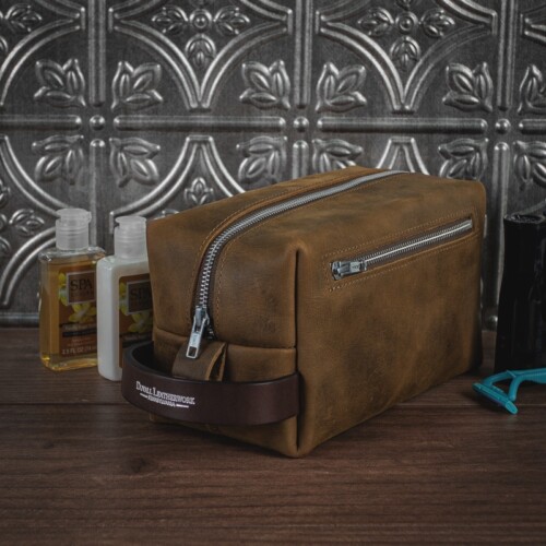 Hand made Tan leather toiletry bag