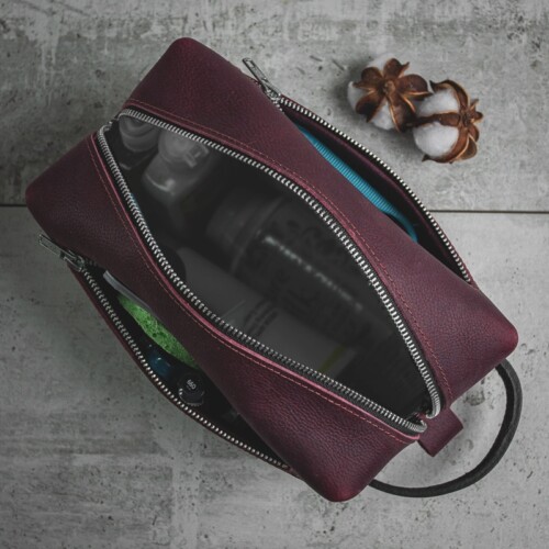 Large red leather toiletry bag