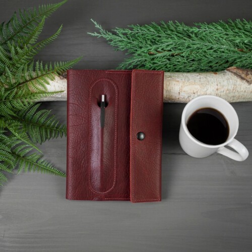 Leather journal cover made from rich red leather