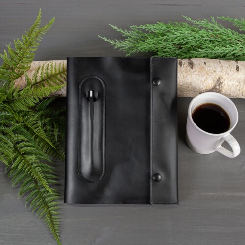 Large black leather journal cover with double snap closure