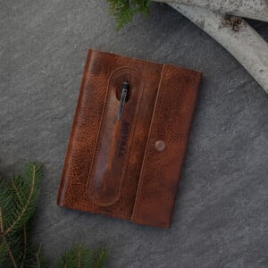 Leather journal cover made from bison leather by Duvall Leatherwork.