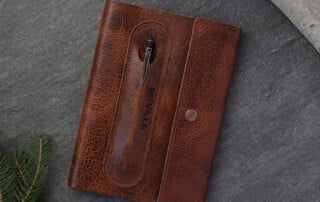 Leather journal cover made from bison leather by Duvall Leatherwork.