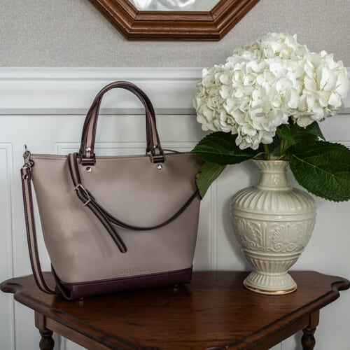 Taupe and purple Charlene purse with silver hardware