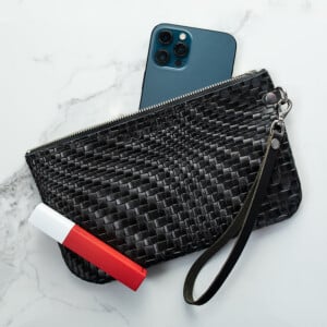 Black Woven Textured Wristlet with Blue IPhone and Red Lipstick