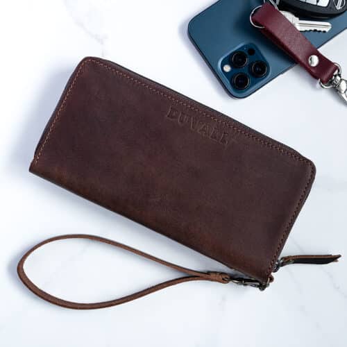 Leather wallet in brown with phone and key fob