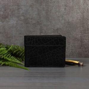 Mens black leather bifold wallet made from bison leather
