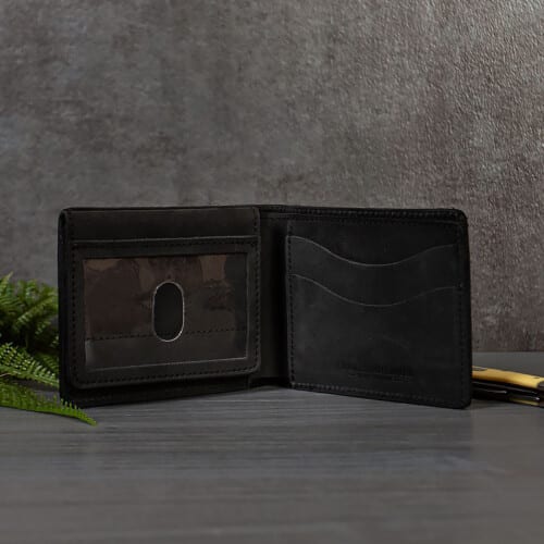 Mens leather bifold wallet with ID window.