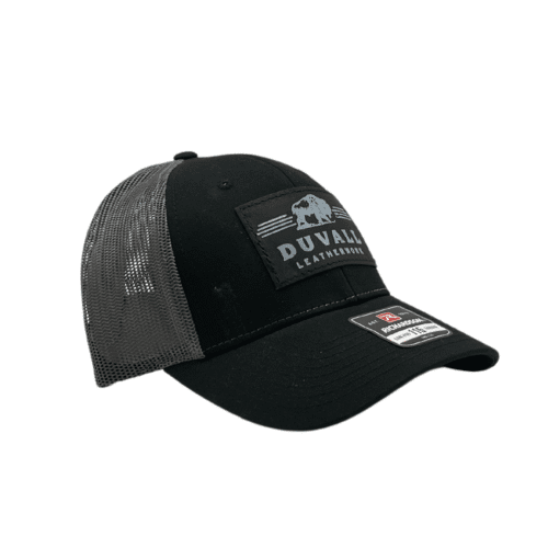 black trucker hat with leather patch