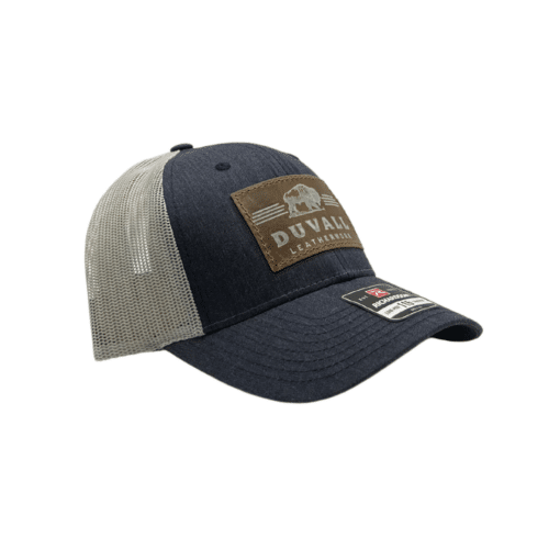 denim trucker hat with brown leather patch