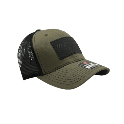 fern green trucker hat with black leather patch