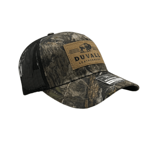 forest camo trucker hat with brown leather patch