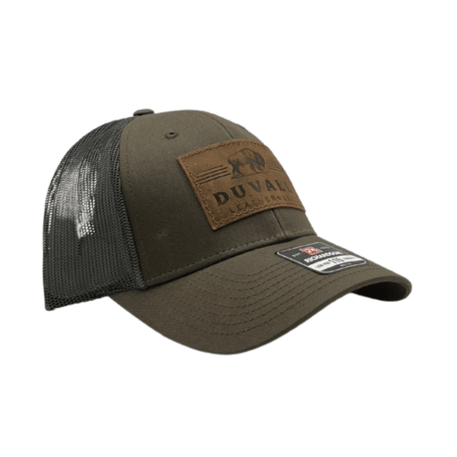 olive green trucker hat with brown leather patch