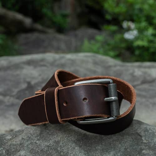 Brown leather belt with antique silver buckle