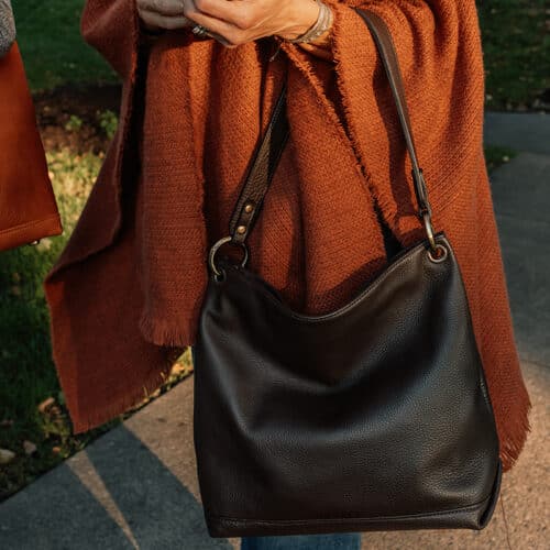 Cocoa color leather slouch bag made from soft cowhide leather.