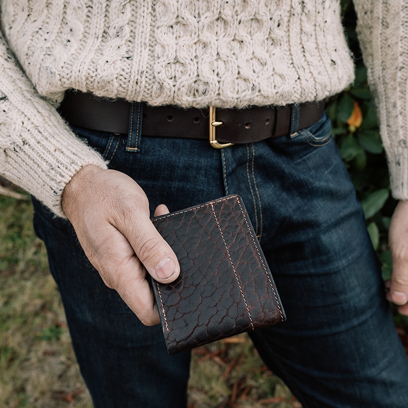 Leather Bifold Wallet with Chocolate Bison Cover and Chocolate Cowhide Interior