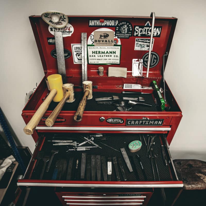 Nick Duvall's toolbox full of leatherworking tools